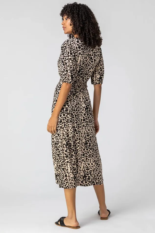 Taupe Leopard Print Midi Wrap Dress Women Roman Dresses