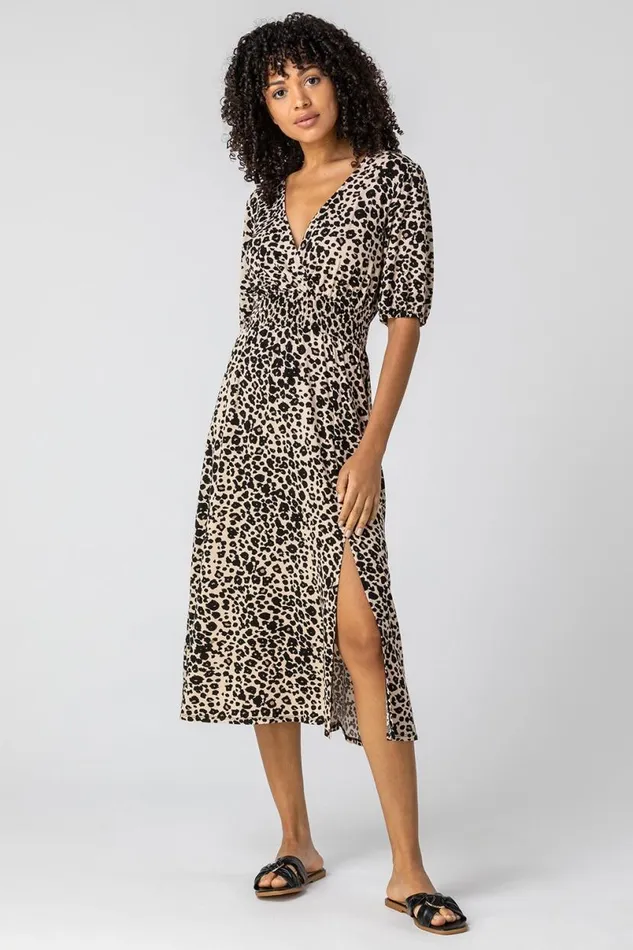 Taupe Leopard Print Midi Wrap Dress Women Roman Dresses