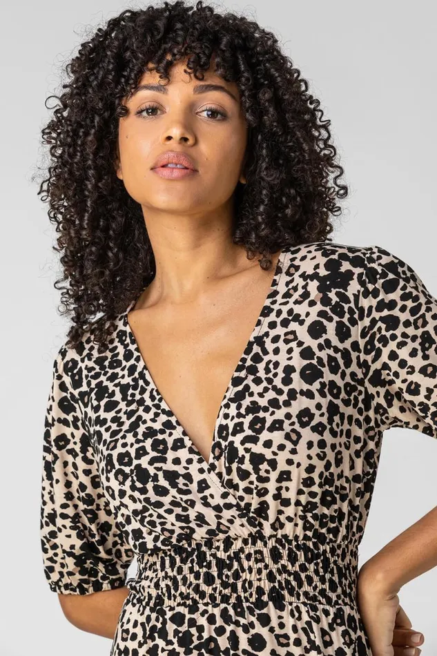 Taupe Leopard Print Midi Wrap Dress Women Roman Dresses