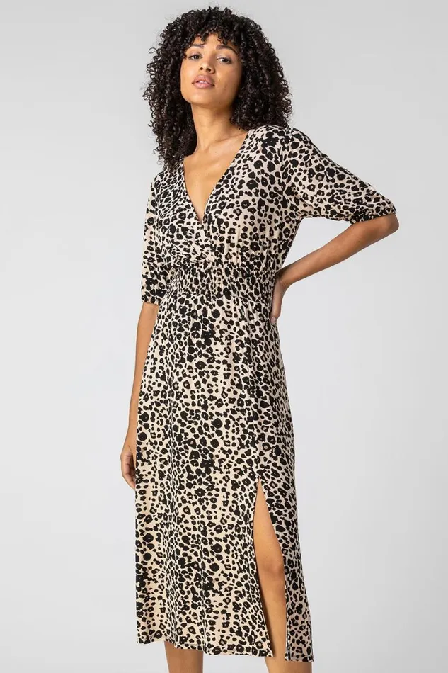 Taupe Leopard Print Midi Wrap Dress Women Roman Dresses