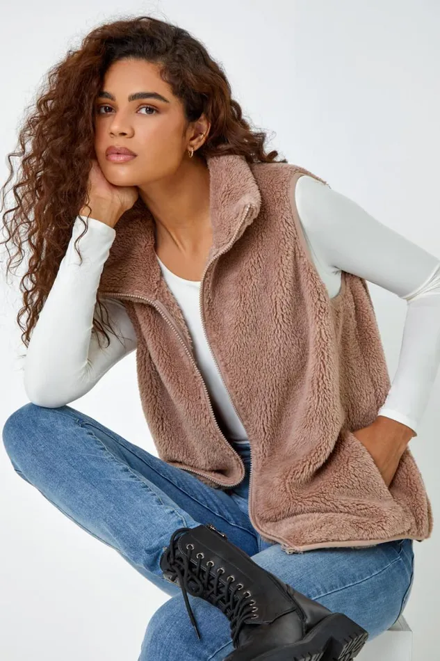 Taupe Soft Sherpa Fleece Gilet Women Roman Jackets