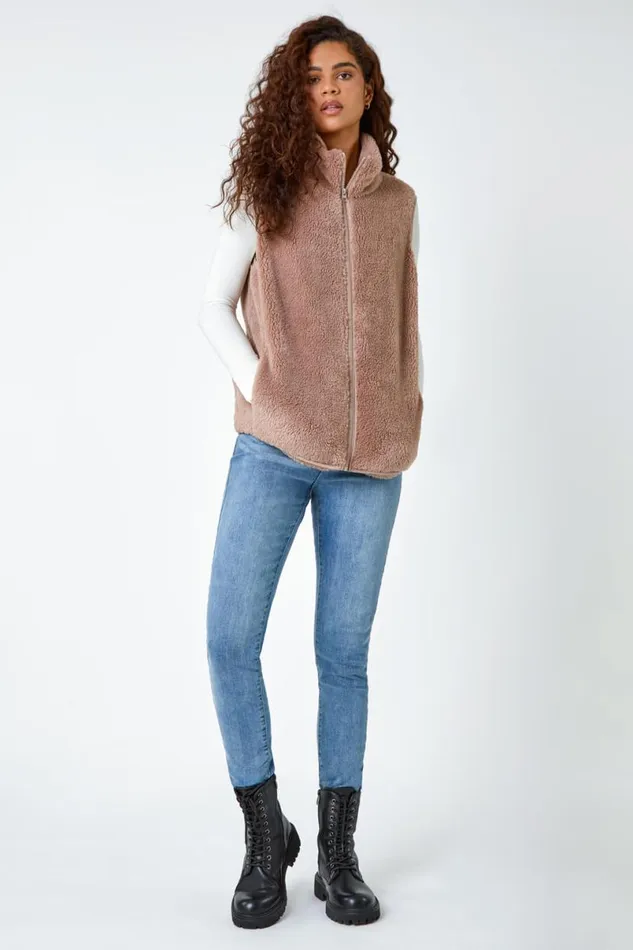 Taupe Soft Sherpa Fleece Gilet Women Roman Jackets