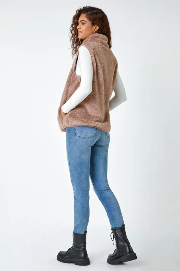 Taupe Soft Sherpa Fleece Gilet Women Roman Jackets