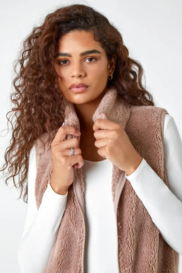 Taupe Soft Sherpa Fleece Gilet Women Roman Jackets