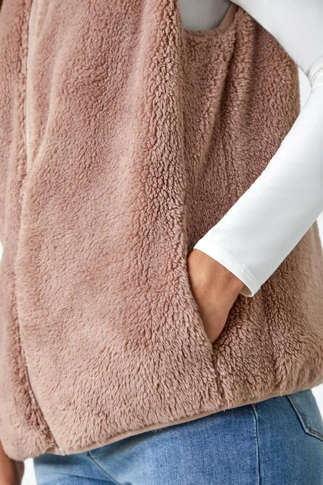 Taupe Soft Sherpa Fleece Gilet Women Roman Jackets