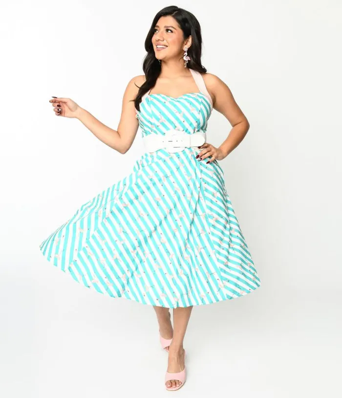 Teal and White Striped Flamingo Print Swing Dress DressesPlus Unique Vintage Swing Teal and White Striped Flamingo Print Swing Dress DressesPlus Unique Vintage Swing