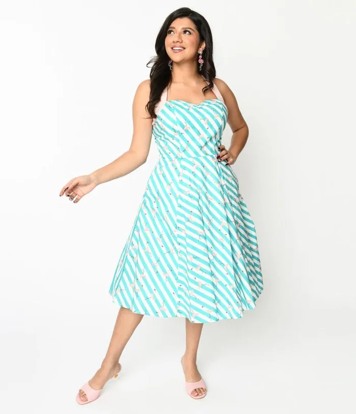 Teal and White Striped Flamingo Print Swing Dress DressesPlus Unique Vintage Swing