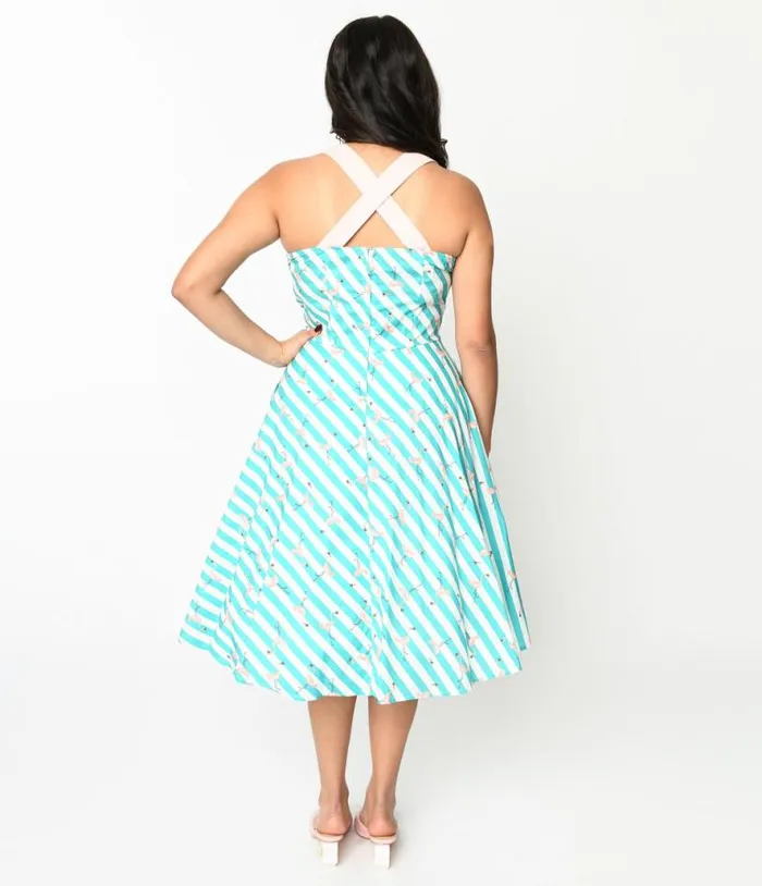 Teal and White Striped Flamingo Print Swing Dress DressesPlus Unique Vintage Swing
