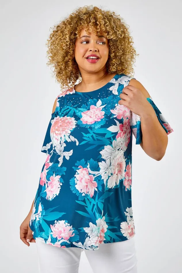 Teal Curve Floral Print Cold Shoulder Jersey Top Women Roman Tops