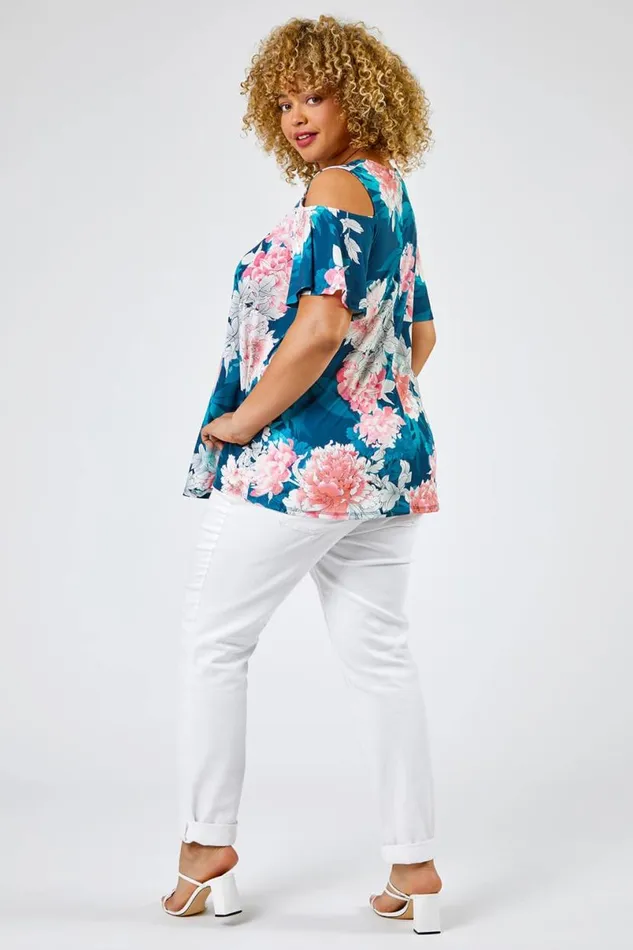 Teal Curve Floral Print Cold Shoulder Jersey Top Women Roman Tops