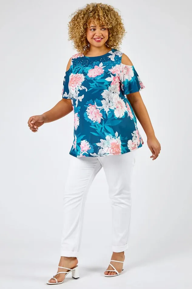 Teal Curve Floral Print Cold Shoulder Jersey Top Women Roman Tops