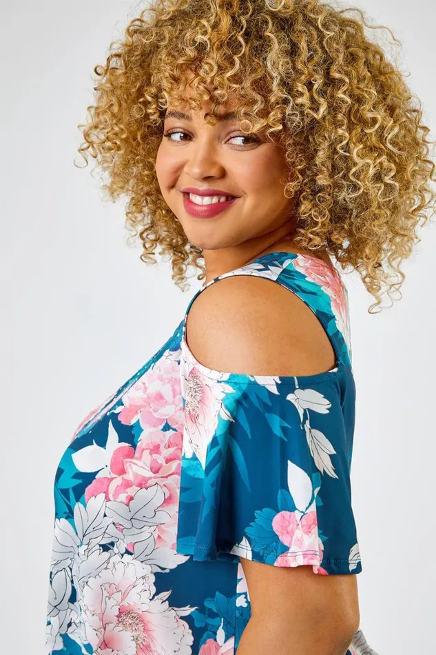 Teal Curve Floral Print Cold Shoulder Jersey Top Women Roman Tops