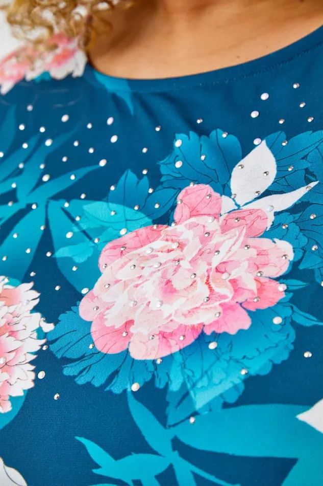 Teal Curve Floral Print Cold Shoulder Jersey Top Women Roman Tops
