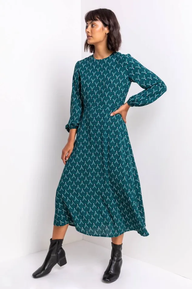 Teal Tile Print Fit and Flare Midi Dress Women Roman Dresses