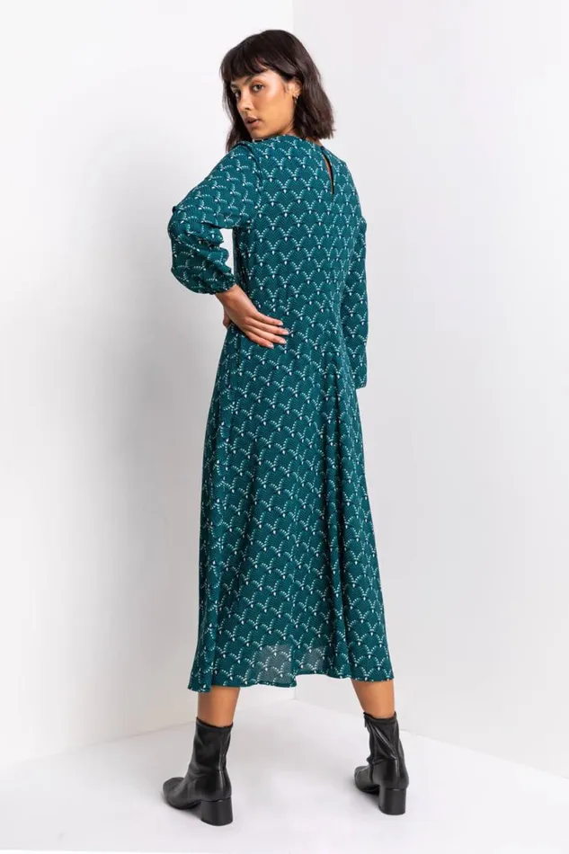Teal Tile Print Fit and Flare Midi Dress Women Roman Dresses