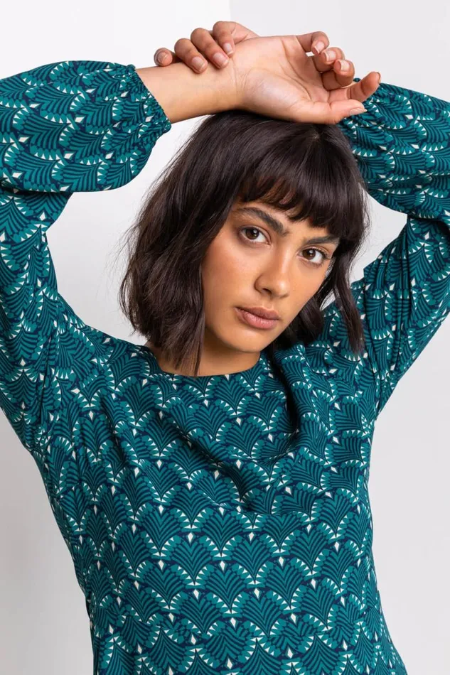 Teal Tile Print Fit and Flare Midi Dress Women Roman Dresses