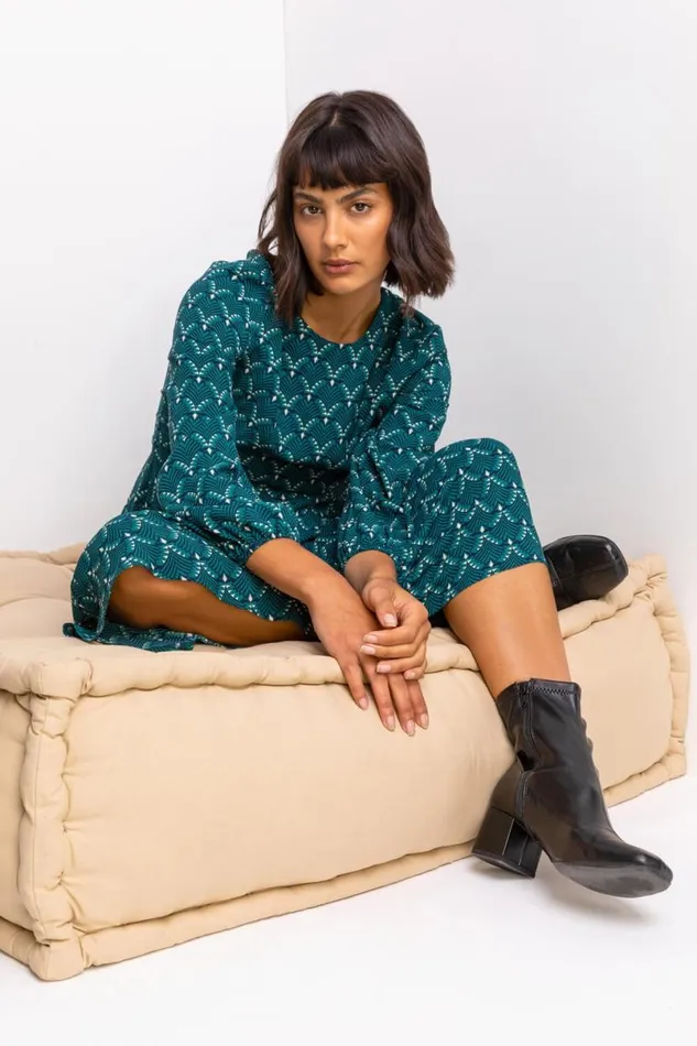 Teal Tile Print Fit and Flare Midi Dress Women Roman Dresses