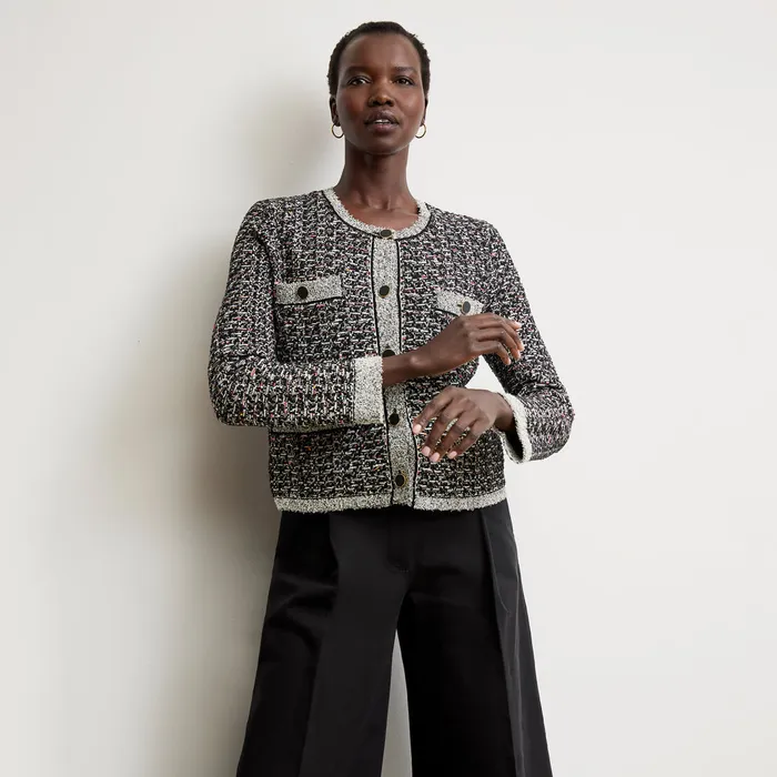 The Evangeline Lady Jardigan 8211 Boucle Tweed Jardigan BlackIvory Jackets M M LaFleur Women