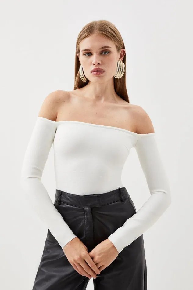 Tops Women Karen Millen Bandage Form Fitting Bardot Knit Bodysuit Ivory