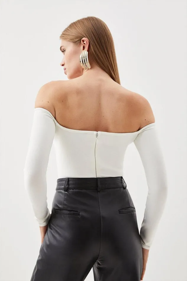 Tops Women Karen Millen Bandage Form Fitting Bardot Knit Bodysuit Ivory