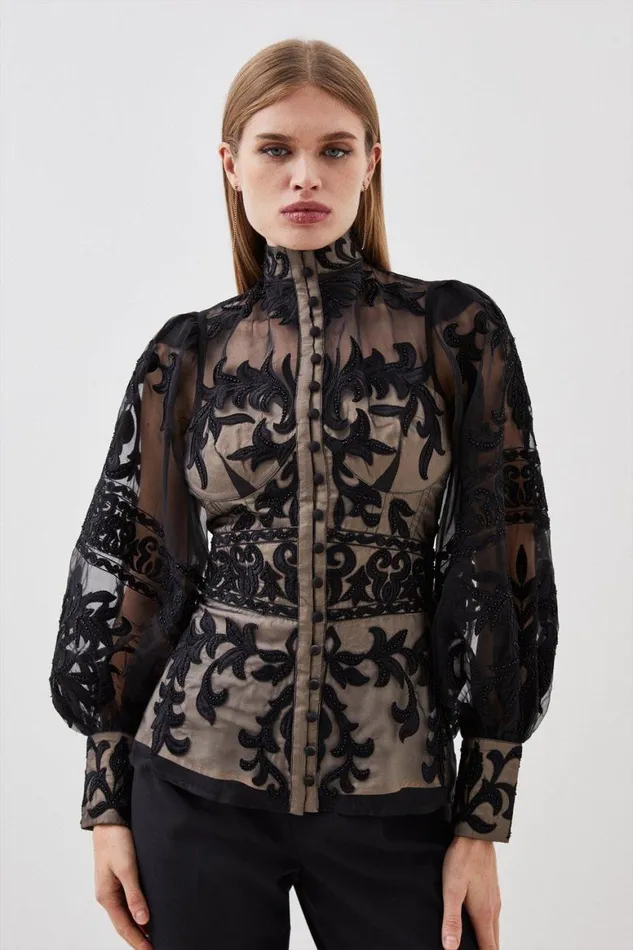 Tops Women Karen Millen Baroque Applique Woven Blouse Black