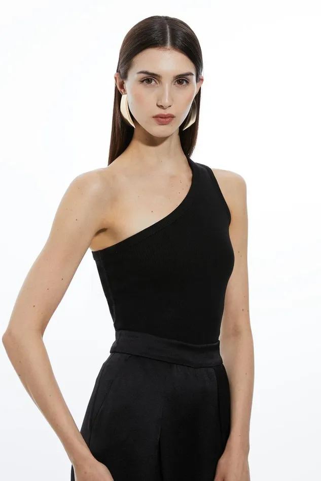 Tops Women Karen Millen Compact Jersey Rib Asymmetrical Top Black