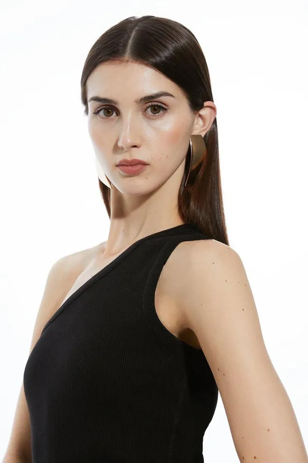 Tops Women Karen Millen Compact Jersey Rib Asymmetrical Top Black
