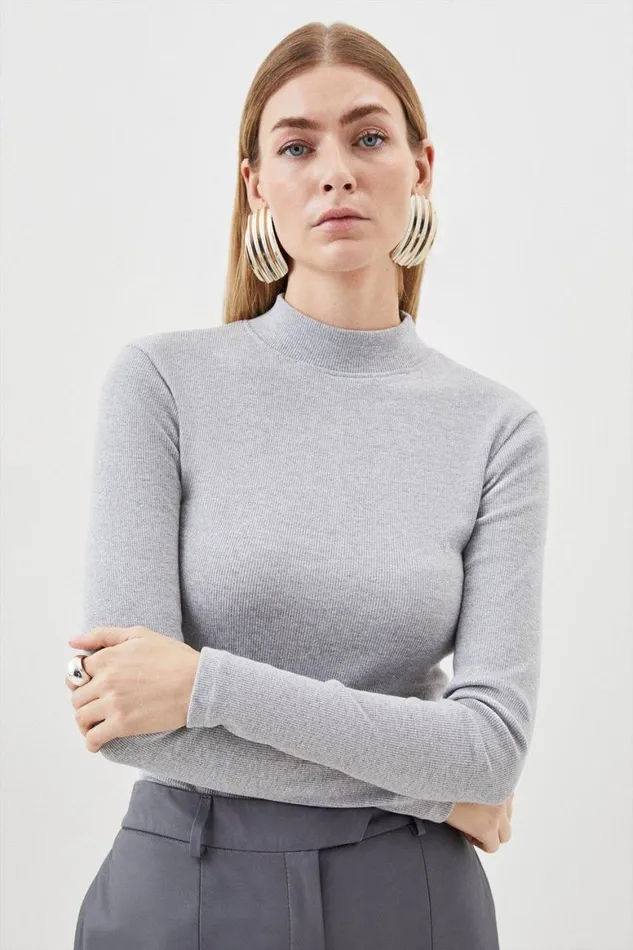 Tops Women Karen Millen Compact Jersey Ribbed Turtle Neck Top Grey Marl