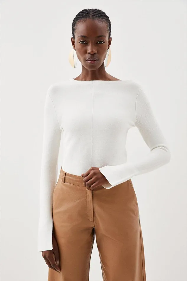 Tops Women Karen Millen Compact Knit Wool Look Drop Shoulder Top Ivory