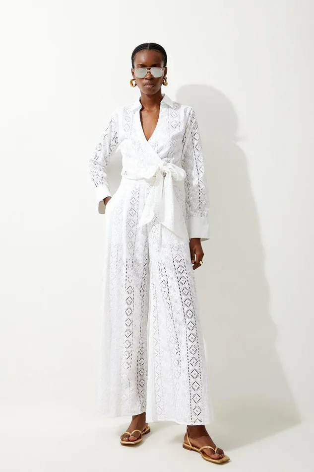 Tops Women Karen Millen Cotton Broderie Woven Wrap Top And Wide Leg Trousers Coord White