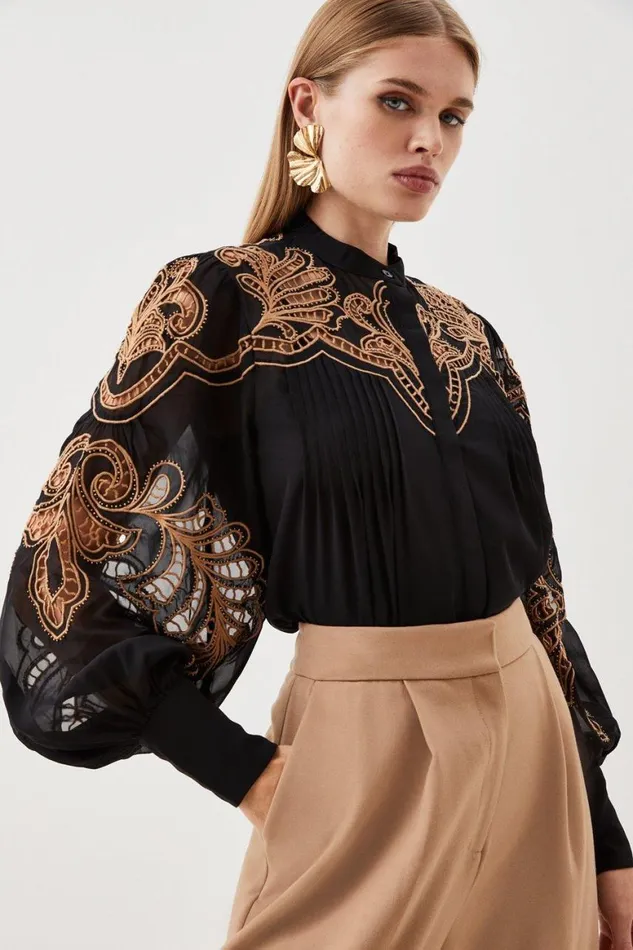 Tops Women Karen Millen Cutwork Beaded Embroidered Woven Blouse Black