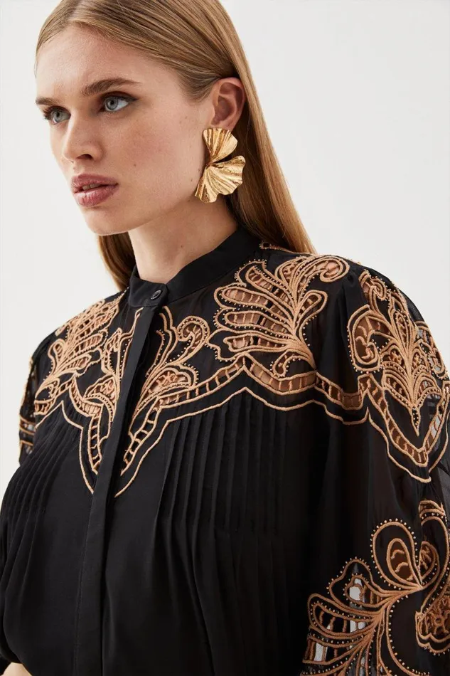 Tops Women Karen Millen Cutwork Beaded Embroidered Woven Blouse Black