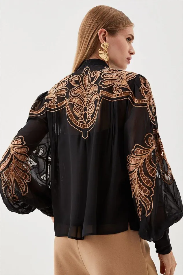 Tops Women Karen Millen Cutwork Beaded Embroidered Woven Blouse Black