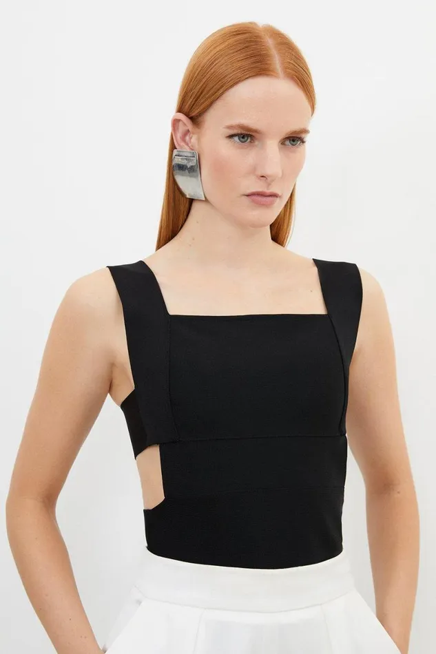 Tops Women Karen Millen Figure Form Bandage Knit Square Neck Cut Out Top Black