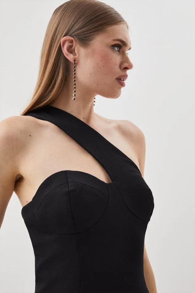 Tops Women Karen Millen Italian Structured Stretch One Shoulder Corset Midi Dress Black