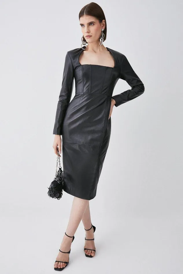 Tops Women Karen Millen Leather Corset Detail Sleeved Midi Pencil Dress Black Tops Women Karen Millen Leather Corset Detail Sleeved Midi Pencil Dress Black