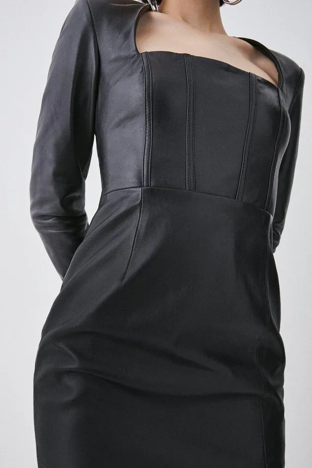 Tops Women Karen Millen Leather Corset Detail Sleeved Midi Pencil Dress Black