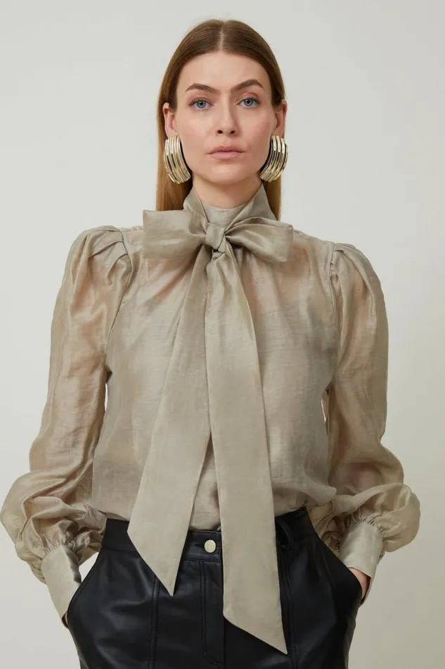 Tops Women Karen Millen Linen Blend Organdie Woven Pussybow Blouse Champagne