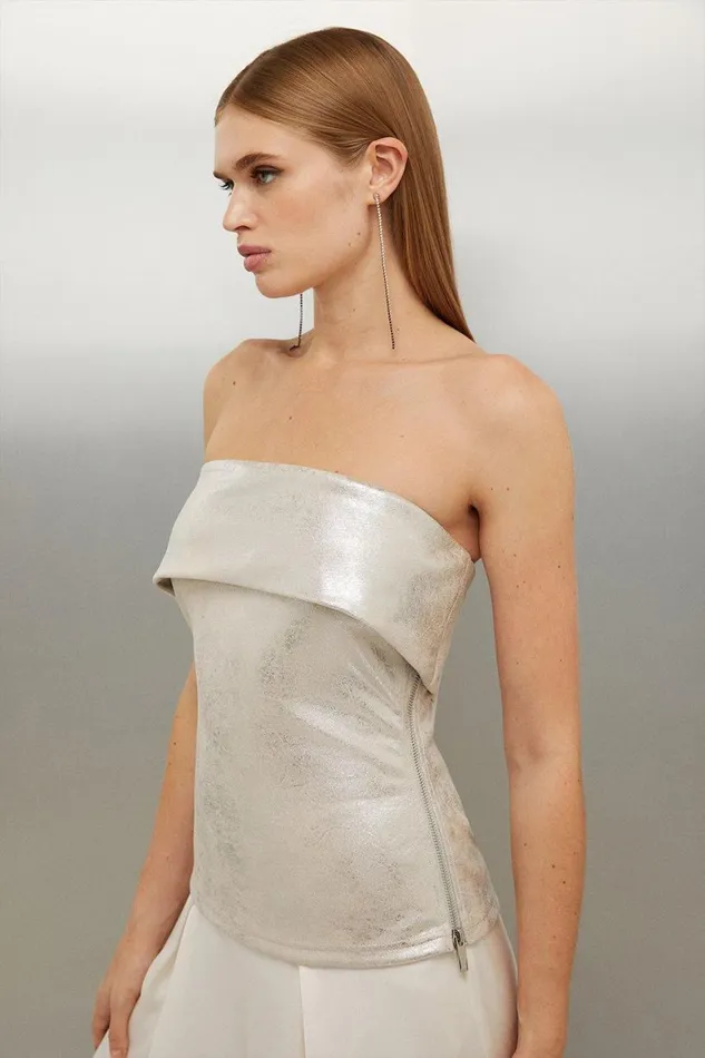 Tops Women Karen Millen Metallic Ponte Bandeau Top Silver