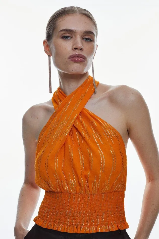 Tops Women Karen Millen Metallic Viscose Georgette Halter Neck Woven Top Orange