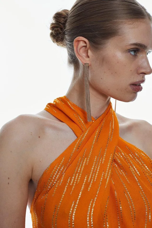 Tops Women Karen Millen Metallic Viscose Georgette Halter Neck Woven Top Orange