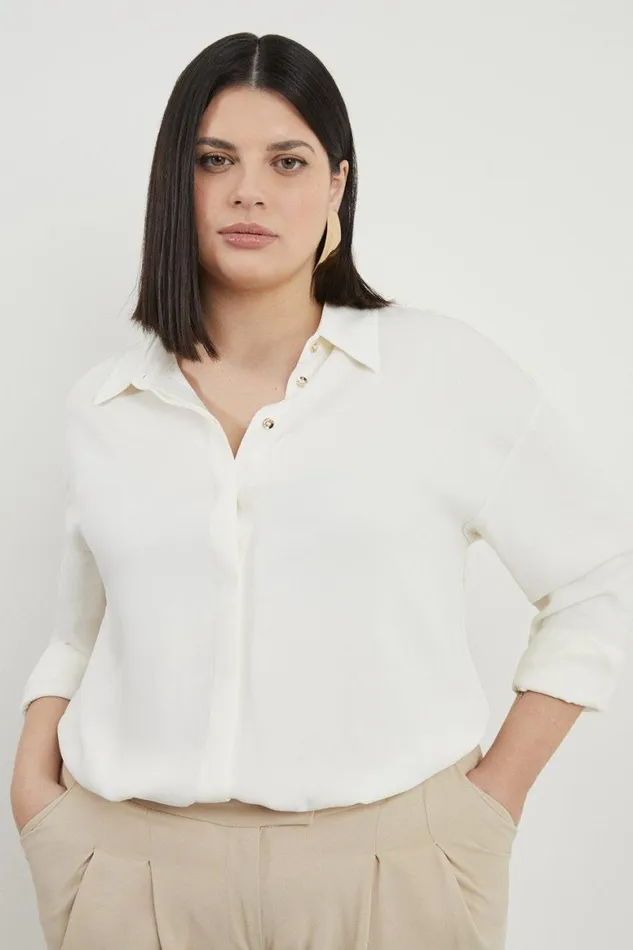 Tops Women Karen Millen Plus Size Viscose Crepe Long Sleeve Collared Shirt Ivory
