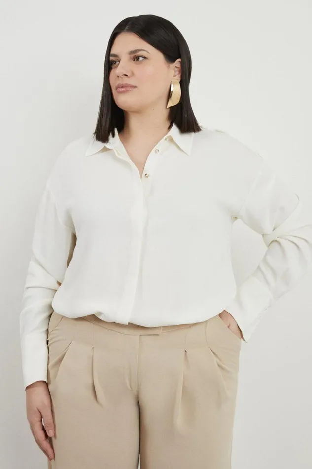 Tops Women Karen Millen Plus Size Viscose Crepe Long Sleeve Collared Shirt Ivory