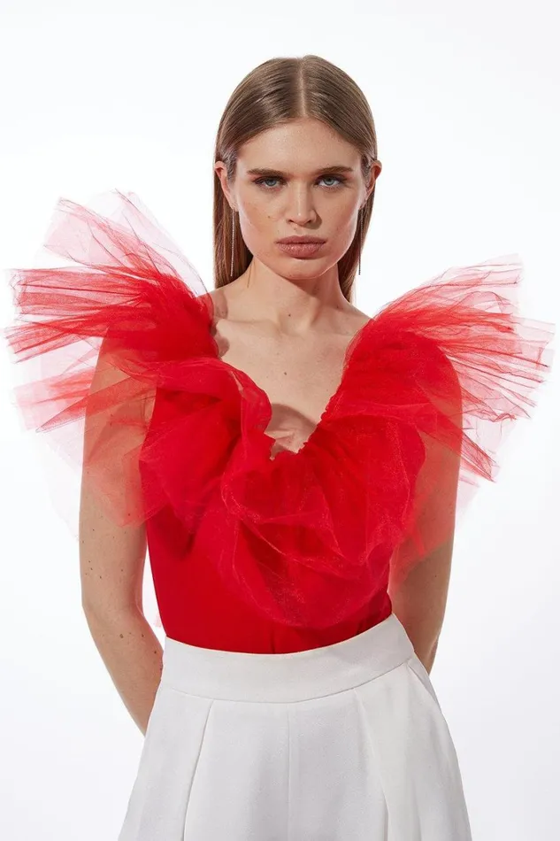 Tops Women Karen Millen Ponte And Tulle Drama Plunge Jersey Bodysuit Red