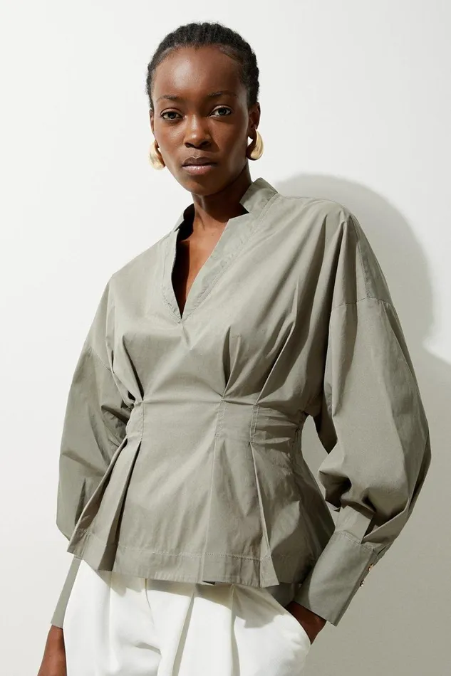 Tops Women Karen Millen Poplin Balloon Sleeve Buttoned Pintuck Woven Shirt Khaki