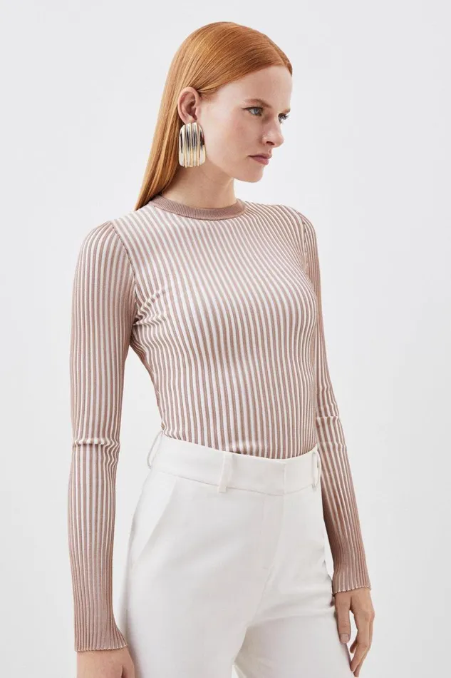 Tops Women Karen Millen Premium Drape Contrast Stitch Knit Top Natural