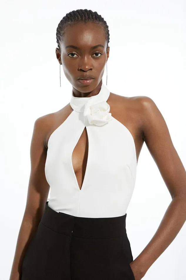 Tops Women Karen Millen Rosette Ponte Jersey Keyhole Bodysuit Ivory