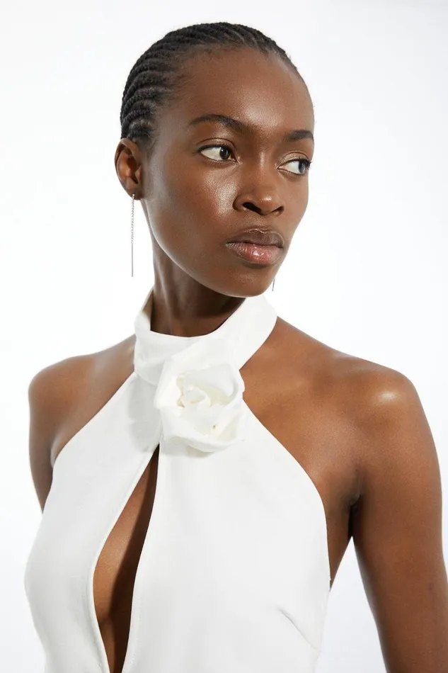 Tops Women Karen Millen Rosette Ponte Jersey Keyhole Bodysuit Ivory