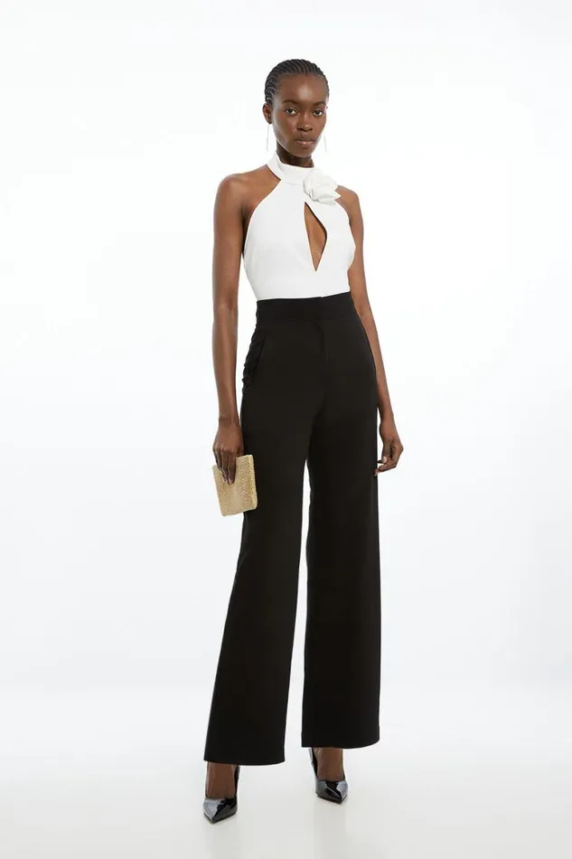 Tops Women Karen Millen Rosette Ponte Jersey Keyhole Bodysuit Ivory