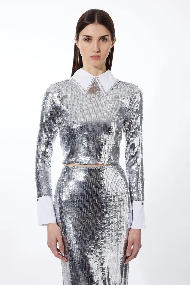 Tops Women Karen Millen Sequin Woven Long Sleeve Crop Top Silver